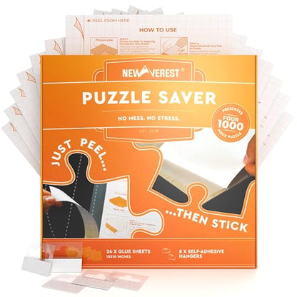 Newverest 24-Pack Puzzle Glue Sheets 10×10″ – Preserve & Display 4 × 1000-Piece Jigsaw Puzzles – Peel & Stick Puzzle Saver with 8 Adhesive Hangers – No Glue, No Mess, Ships Flat, Gift-Ready Box - color: Pack of 24