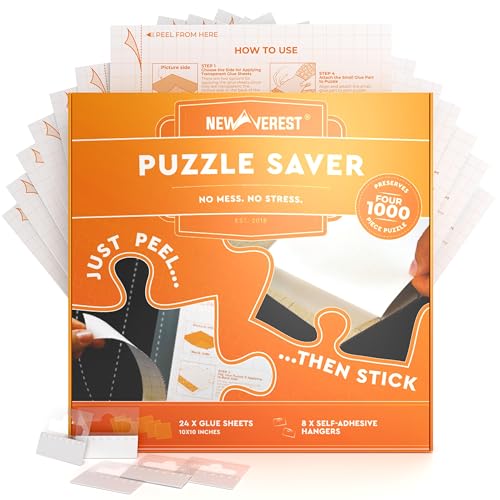 Newverest 24-Pack Puzzle Glue Sheets 10×10″ – Preserve & Display 4 × 1000-Piece Jigsaw Puzzles – Peel & Stick Puzzle Saver with 8 Adhesive Hangers – No Glue, No Mess, Ships Flat, Gift-Ready Box - color: Pack of 24