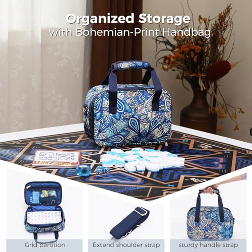 American Mahjong Tile Set with Printed Handbag, 166 Premium Blue Tile and Accessories, Portable and Stylish Mahjong Set, Mahjong Game Set for Travel, Gifts（Blue, No Racks） - color: Blue