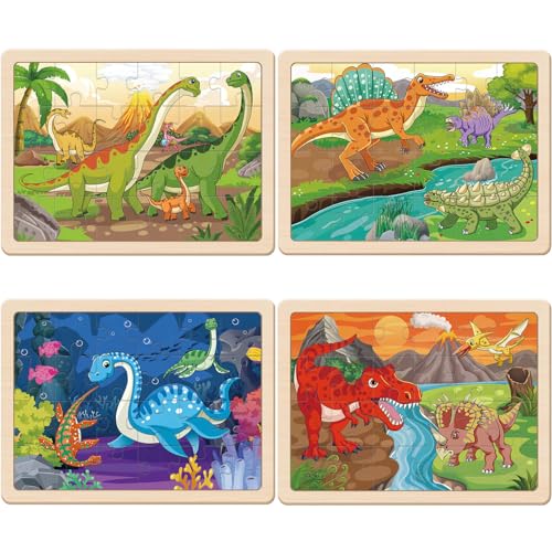 Puzzles for Kids Ages 4-6, 4 x 24 PCs Dinosaur Wooden Puzzles | Dinosaur Puzzles for Toddlers & Kids Ages 3-5, Preschool Educational Puzzles Toys, Birthday Gifts Set for Boys & Girls - color: Dinosaur