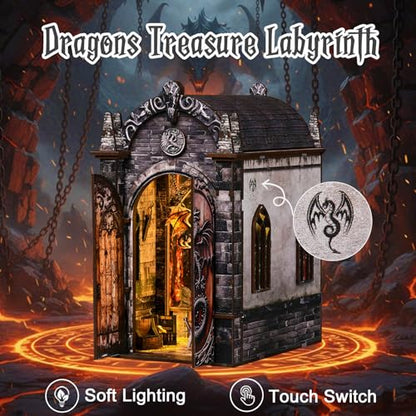 DIY Book Nook Kit, 3D Wooden Puzzle for Adults, Miniature House Kit with Touch LED Light, Gothic Bookshelf Insert Decor, Creative Hobby Gift for Fantasy Lovers (Dragons Treasure Labyrinth) - style: Dragons Treasure Labyrinth
