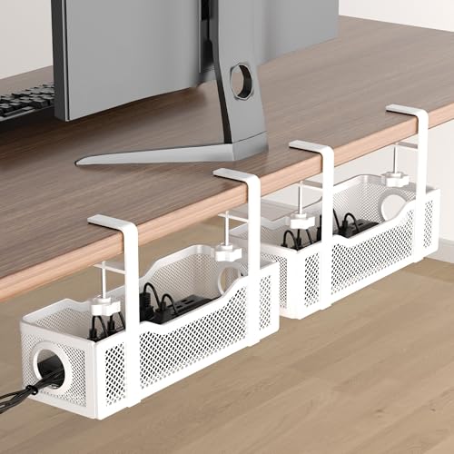 2 Pack Under Desk Cable Management Box White, Cinati 26.8" Wire Organizers No Drill, Cord Organization Tray with Clamp for Office, Home - No Damage to Desk - color: White, size: 13.4"-2 Pack