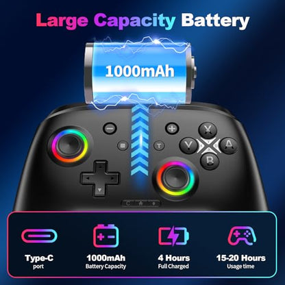 Wireless Switch 2 Controller with Wake-up/C-Key, For Switch 2/1/Lite/OLED/PC/iPad/iPhone/Mac/Android/Steam/TV,Bluetooth Game Controller with Macro/Turbo/Hall Effect Joystick/1000mAh Battery/Vibration/Motion Control