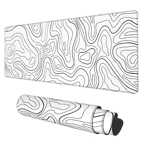 Desk Mat, White Topographic Contour Map Extended Gaming Mouse Pad Large, 31.5"x11.8" Big Mouse Pad with Non-Slip Base and Stitched Edge, Long Computer Keyboard Mouse Mat for Home Office Work - color: White Topographic Contour Map, size: 11.8" x 31.5"