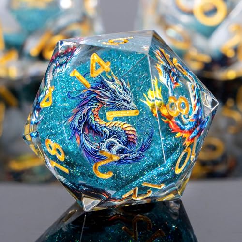 Roycevon Dragon Pattern Liquid Core DND Dice Set, 7Pcs Sharp Edge Dice with Gift Box, Resin Blue Dungeons Dragons D and D Role Playing Dice D20 D12 D10 D8 D6 D4 - color: Blue Gold