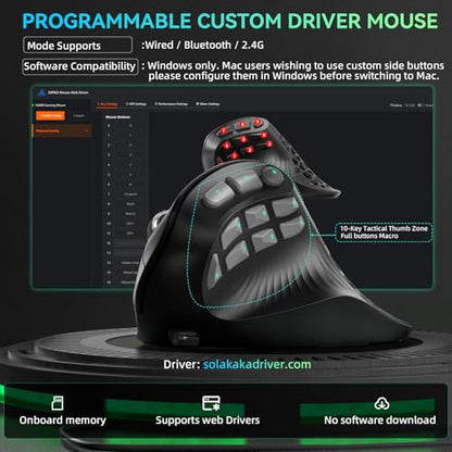 SOLAKAKA E9 PRO Vertical MMO Gaming Mouse with 8K Dongle- 36000 DPI PAW3395 Sensor,8,000Hz Polling Rate,Tri-Mode Ergonomic Wireless Mouse with 10 Side Buttons,RGB Mouse for PC/Mac - Black - color: Black-Gray
