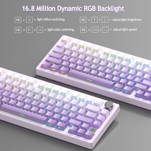 MageGee LIGHT75 Wireless Creamy Keyboard, Tri-Mode Bluetooth/2.4GHz/USB-C RGB Backlit, Gasket Hot Swappable Custom Gaming Keyboard for Win/Mac/PC, with Knob, Side Printed PBT Keycaps, Purple - color: White Purple/Purple Bird Switch