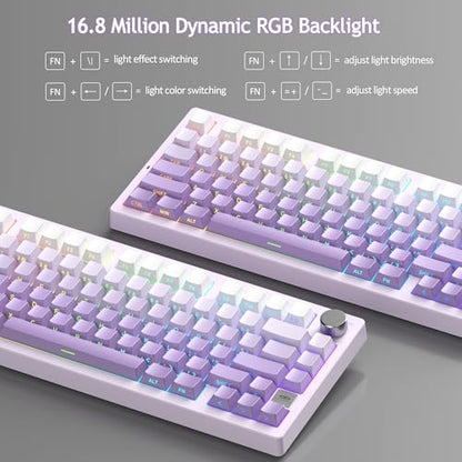 MageGee LIGHT75 Wireless Creamy Keyboard, Tri-Mode Bluetooth/2.4GHz/USB-C RGB Backlit, Gasket Hot Swappable Custom Gaming Keyboard for Win/Mac/PC, with Knob, Side Printed PBT Keycaps, Purple - color: White Purple/Purple Bird Switch