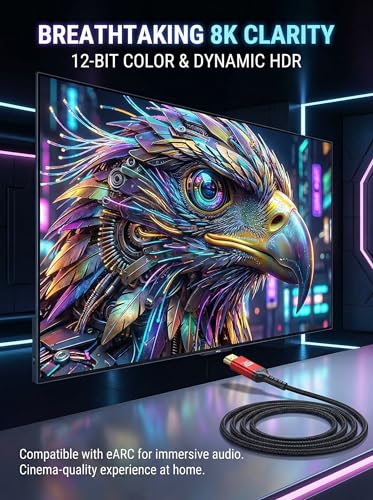 8K HDMI 2.1 Cable 12ft, Certified 48Gbps Ultra High Speed Braided Cord, Supports 4K@120Hz 8K@60Hz, eARC HDR10+ HDCP 2.3, Compatible with PS5, Xbox Series X, Gaming PC, Roku TV & Monitor - size: 12 Feet
