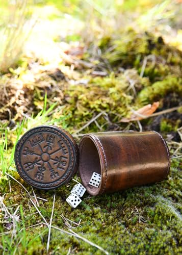 Ulfberth - Viking dice Cup with Embossed Motif - Genuine Leather - Medieval Leather Cup with Engraving (with lid, Vegvisir Embossing, Brown) - color: Vegvisir Brown