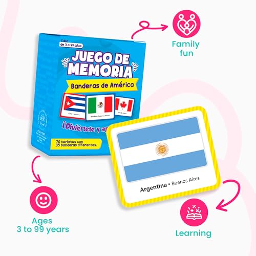 Menique Flags of the Americas Memory Matching Game – Spanish Edition – 70 Cards (35 Pairs) with Flags, Countries & Capitals – Educational Matching Game in Spanish for Kids and Adults