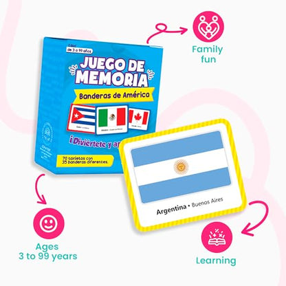 Menique Flags of the Americas Memory Matching Game – Spanish Edition – 70 Cards (35 Pairs) with Flags, Countries & Capitals – Educational Matching Game in Spanish for Kids and Adults