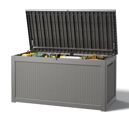 Outdoor Storage Box, Resin Deck Boxes Indoor and outdoor, Waterproof Storage Box Lockable Lid Grey,260 Gallon - color: Rattan Grey, style: 260 Gallon