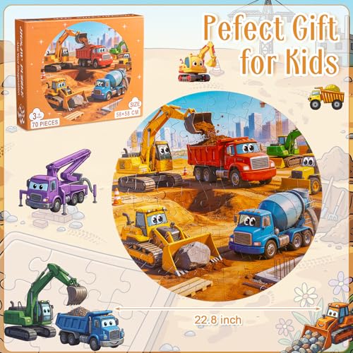 Civaner 70 Pieces Floor Puzzles Round Large Puzzles for Kids Ages 3-5 5-8 Jumbo Jigsaw Puzzle Educational Gifts for Toddlers Girls Boys Baby Shower Holiday Birthday (Construction Vehicles) - style: Construction Vehicles