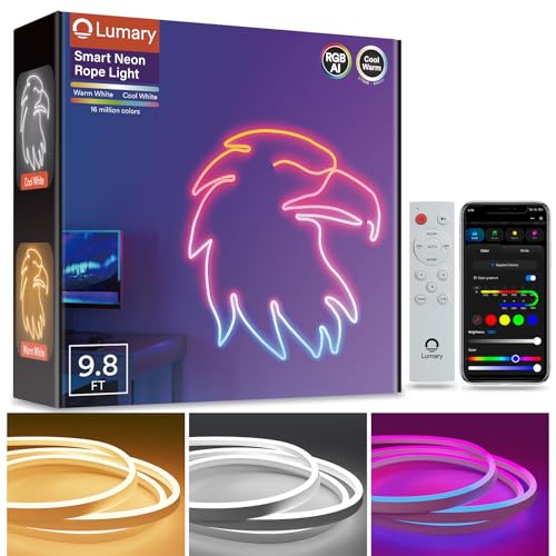 Lumary Smart RGBAI Indoor Neon Rope Light 9.8Ft, CCT 2200-6500K, 180 LEDs/m | 16 Million Colors, Softer Material, Compatible with Alexa/Google Assistant, Music Sync, 44+ Scene Modes for Bedroom, etc - size: 9.8FT