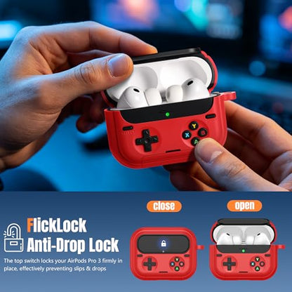 Getino Retro Game Case for AirPods Pro 3 | Game Console Design Protective Cover with Foldable Stand, Secure Lock Anti-Drop Shockproof PC+TPU Case, Keychain & Cleaning Kit for Men & Boys, Red - color: Red