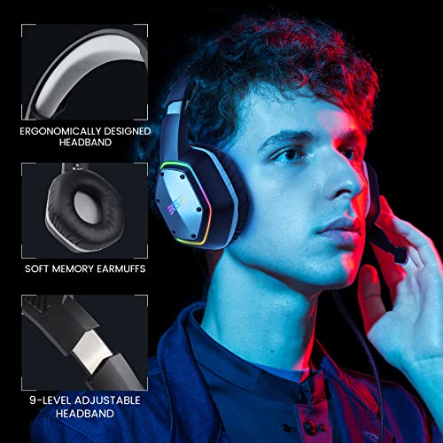 EKSA E1000 USB PC Gaming Headset with Mic, 7.1 Surround Sound | Computer Headphones with Microphone Noise Cancelling, RGB Light, Wired Headphones for PS4, PS5 Console, Laptop, Call Center - color: Grey
