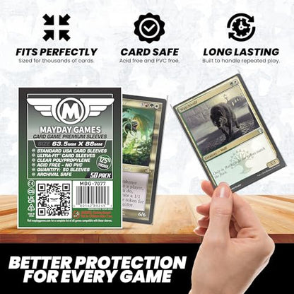 MayDay Games Premium Card Sleeves – 50 Count, Clear 90 Micron Thickness, Medium MTG Size (63.5 x 88 mm), Compatible with Magic: The Gathering & More – SKU: MDG-7077