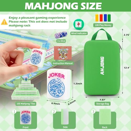 Jolitac American Mahjong Tile Set with 166 Tiles, 1.2-Inch Tiles & Accessories, Mahjong Gift Set with 3 Blue Dice and Mahjong Tile Bag, Portable Travel Game for Adults, Family Night, Gift (No Rack) - color: Green
