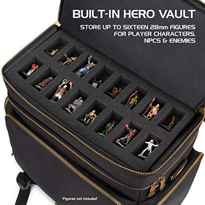 ENHANCE Tabletop DnD Bag - RPG Adventurer's Dungeons and Dragons Accessories Bag with Miniatures Storage, Mat Holder, DnD Dice & Token Pockets, Fits 4-8 DnD Books, DM Guide, Player's Handbook (Black) - color: Black And Bronze