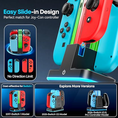 Switch Joycon Charger for SW 1 Model with 9 RGB Light Modes, Switch Controller Charger Stand with LED Indicators, SW Charging Dock Station for 4 Joycon Charging - size: S-Black-Switch 1