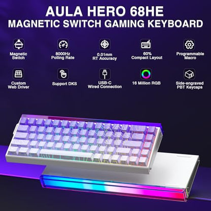 AULA Hero 68 HE 60% Gaming Keyboard Wired, Hall Effect Magnetic Switch Keyboard with Adjustable Actuation, Fast Trigger Mode, 8K Hz Polling Rate, 0.125ms Latency,Side Printed PBT Keycaps, RGB Backlit - color: Purple