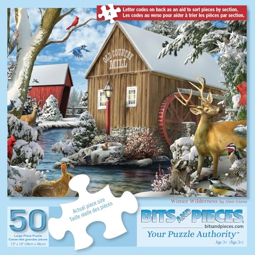 Bits and Pieces Jigsaw Puzzles for Adults 50 Pieces - Winter Wilderness 2 | 15" x 19" Jigsaw Puzzle 50 Pieces - Log Cabin Snow Winter Puzzle - Extra Large Piece Puzzles for Seniors - Letters on Backs - size: 50 Piece Puzzle