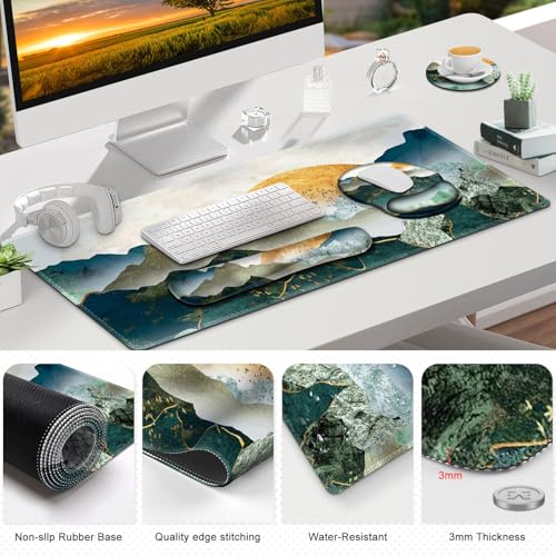 Gaming Mouse Pad, Large Desk Mat, Cute Desk Pad Protector, 4in1 XXL Mousepad +Keyboard Wrist Rest+Mouse Wrist Rest+Coaster Set with Ergonomic Desk Pad for Home Office Table Computer Green Mountain - color: Green Mountain
