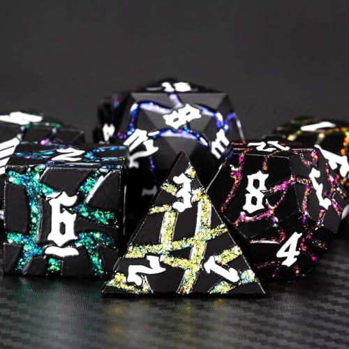 Cracked Rune Metal Dice Set for DND & RPG – Dark Fantasy Fractured Design, Premium Heavy Metal Polyhedral Dice with Deep Engraved Numbers, 7-Piece Set – Arcane Spectrum Vein - color: Matte Black 7 Colors