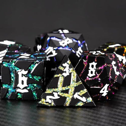 Cracked Rune Metal Dice Set for DND & RPG – Dark Fantasy Fractured Design, Premium Heavy Metal Polyhedral Dice with Deep Engraved Numbers, 7-Piece Set – Arcane Spectrum Vein - color: Matte Black 7 Colors