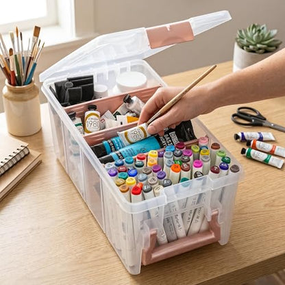 ArtBin Semi Satchel 휴대용 공예 정리함, 칸막이 3개 포함 - 미술 및 공예 용품을 위한 투명 플라스틱 보관 케이스 | 탈착식 칸막이 3개, 39.9 x 20.3 x 16.2cm(15.2 x 8 x 6.2인치), 안전한 걸쇠, 운반 손잡이, 투명하고 내구성 - color: 로즈 골드., size: Pack of 1