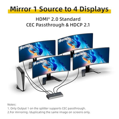 4K HDMI Splitter 1 in 4 Out (Mirror Only) – HDMI 2.0 4K@60Hz, 1080p@240Hz | Auto Downscaling, EDID, 18Gbps, HDCP 2.2, Smart Power Detection, Duplicate 1 Source to 4 Displays for TV, Monitor, Projector
