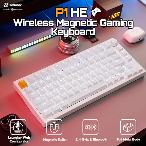 LEMOKEY P1 HE 75% Wireless Custom Mechanical Gaming Keyboard with Gateron Double-Rail Magnetic Switches Knob Version, QMK 2.4 GHz Bluetooth 5.2 RGB Backlight Compatible with Mac Windows Linux - White - color: Shine-Through-White