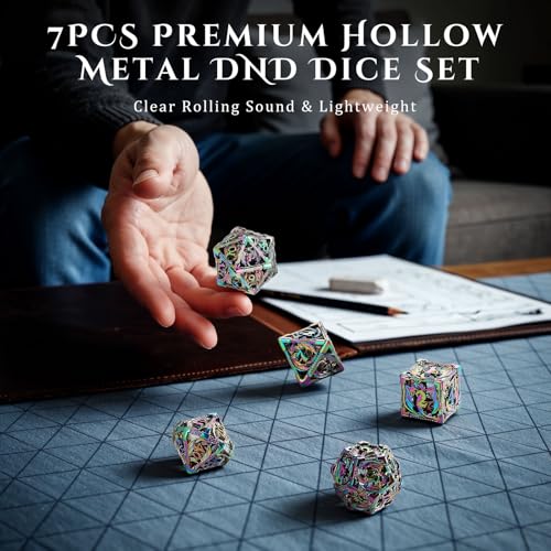 MoKo Dragon Hollow Metal DND Dice Set, Mixed Color | 7 Pcs Polyhedral, D20 D12 D10 D8 D6 D4, For Dungeons and Dragons RPG Games, With Gift Box - color: 4 - Mixed Color