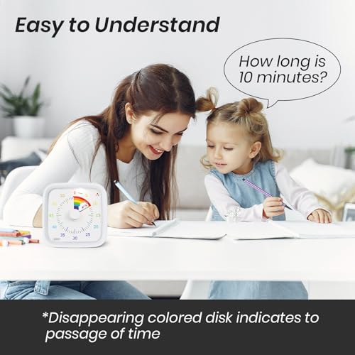 Rainbow Visual Timer for Kids, 60-min Countdown Timer, White | Protective Case, No Ticking, Mute and Ringing Alarm Available, Time Management Tool, Low Power Reminder, for Study,Game,Work - color: White Rainbow