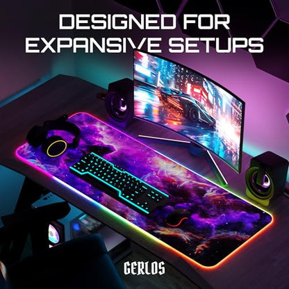 Gerlos RGB Gaming Mouse Pad, Large LED Desk Mat, 31.5 x 11.8 Inch | 12 light modes, non-slip base, water-resistant surface, stitched edges - color: Purple