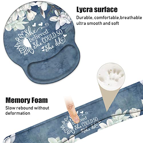 Keyboard Wrist Rest and Mouse Pad Wrist Support Set with Coasters, Inspirational Quote She Believed She Could So She Did Wrist Support Mouse Pad with Non-Slip PU Base for Computer Laptop Home Office