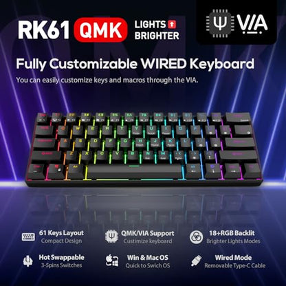 RK ROYAL KLUDGE RK61 Wired 60% Mechanical Gaming Keyboard Programmable QMK/VIA RGB Backlit 61 Keys Ultra-Compact Hot Swappable Red Switch Black - color: Black, size: Hot-Swappable Red Switch