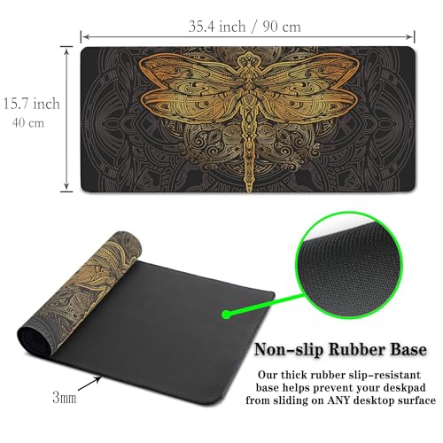 Gaming Desk Mats Gold, Desk Mouse Pad Extra Large Mouse Pads, Pad for Mouse Non-Slip Rubber Base Waterproof with Stitched Edges, 35.4 X 15.7 inch for Work/Game/Office/Home Dragonfly Mandala - color: Dragonfly Mandala