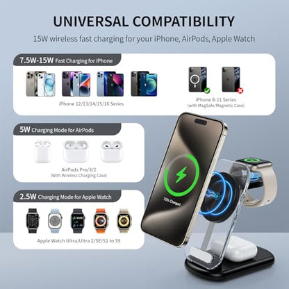 2026 Traveling Wireless Mag-Safe Fast Charging Station,Magnetic 3 in 1 Charger with Light for iPhone 17 16 15 14 13 12 Pro Max Plus,Apple Watch & Air pods 4 3 2 Pro-Gifts for Wife & Husband(Black) - color: Black