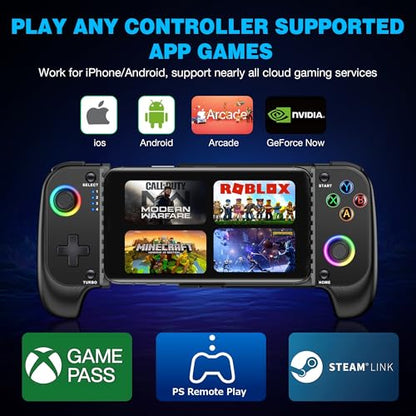 MystNova Wireless Phone Controller for iPhone & Android - Mobile Gamepad with Hall Effect Joysticks, Compatible with Xbox/PS5/Steam Link/Cloud Gaming, Ergonomic Design, Long Battery Life - color: Black