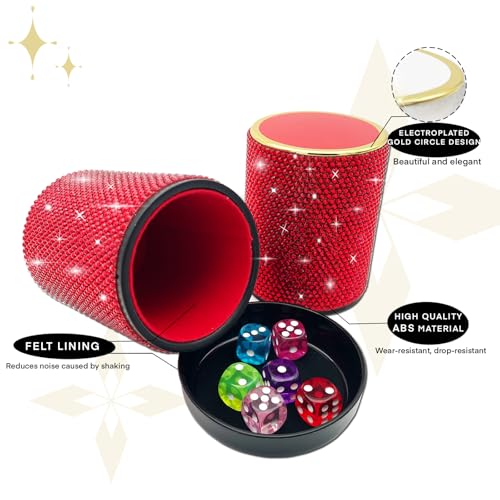 Bling Dice Cup Velvet Felt-Lined Quiet Shaker with Lid Includes 12 Dices Plastic Dice Cup Set for Bar Party Family Yahtzee Farkle Classic Dice Games (Red) - color: Red
