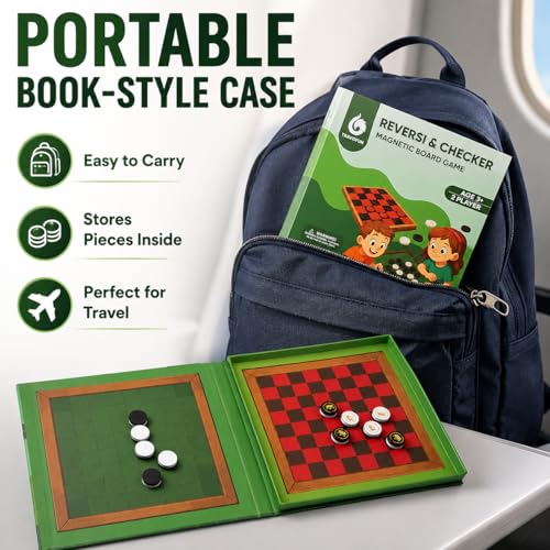 2-in-1 Checkers & Reversi Board Game | Magnetic Travel Games for Kids 8-12 | Plane Activities for Kids Ages 8-12 | Foldable Magnetic Checkers & Travel Activities - style: Checkers & Reversi