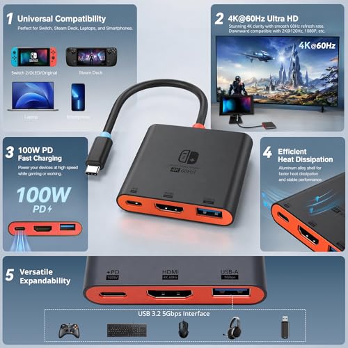 Switch 2 Dock for TV, Aluminum Alloy Shell HDMI 2.0 4K@60Hz HDR Docking Station for Nintendo Switch 2/OLED/Steam Deck/ROG Ally, USB C to HDMI Adapter with 100W PD 3.0 Fast Charging & USB3.0