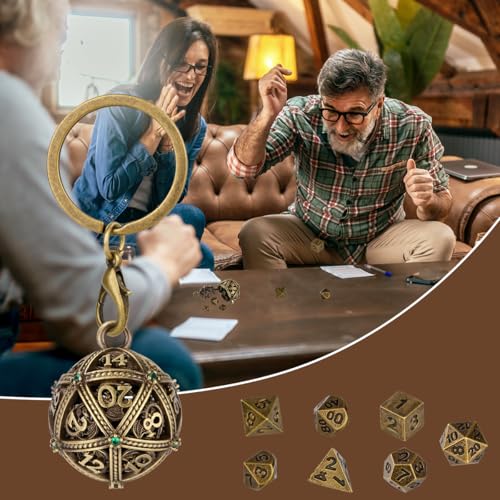 Mini DND Dice Set with Spherical Hollow D20 Metal Case Portable Keychain Necklace, Tiny 7pcs Polyhedral D&D Dice Set, DND Gifts with Gift Box, D&D Accessories for RPG（Green Diamond, Bronze） - color: Bronze