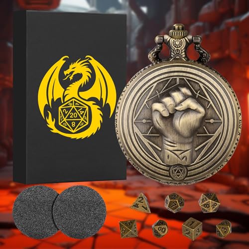 Mini DND Dice Set with Steampunk Monk (Fist) Pocket Watch Case, Tiny 7PCS Polyhedral Metal D&D Dice, DND Gifts with Gift Box, Role Playing Game Board Game Accessories Dice, Bronze - color: Bronze