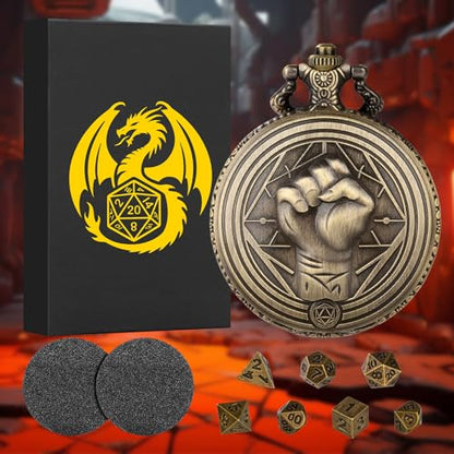 Mini DND Dice Set with Steampunk Monk (Fist) Pocket Watch Case, Tiny 7PCS Polyhedral Metal D&D Dice, DND Gifts with Gift Box, Role Playing Game Board Game Accessories Dice, Bronze - color: Bronze