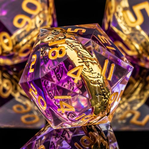 OUKELANWO Magic Lord Rings DND Dice Set with Box, 7Pcs Resin LOTR D&D Dice Set for Role Playing Game, Purple Gold Dungeons Dragons D and D Sharp Edge Dice D20 D12 D10 D8 D6 D4 - color: Purple