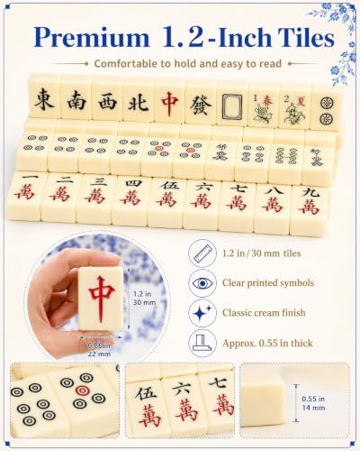 BESTOYARD 1.2-Inch Chinese Mahjong Set, 144 Tiles, 4 Racks and Carrying Bag | Traditional Mahjong Tile Set with 100 Chips, 6 Dice and Rule Book for 4 Players, Beginners, Travel and Family Game Night