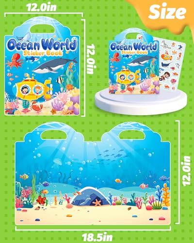 Walenced Reusable Sticker Book for Toddlers, Travel Stickers for Kids, Toddler Craft Activities Toys, Birthday Gifts for Boys & Girls - style: Ocean